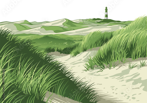 Lush green sand dunes with a lighthouse in the distance under a clear sky