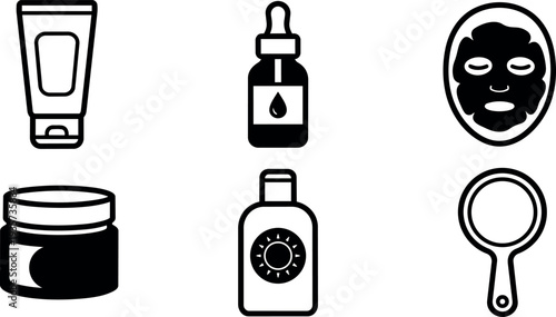 Line art flat vector icons six skincare products jar dropper bottle cream mask hand mirror front view minimal black outline