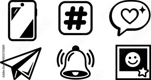 Flat design social media icon set smartphone hashtag heart chat paper plane notification bell and photo frame with star smile