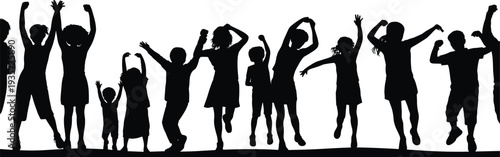 Joyful children and adults silhouette, happy people jumping, celebration unity illustration, energetic group pose, community happiness concept, festive lifestyle art