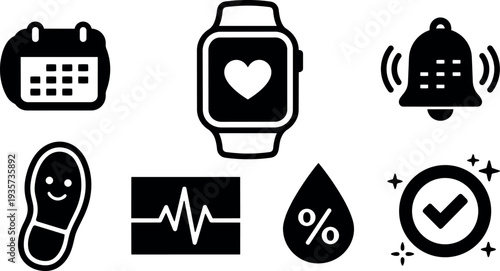 Flat design health tracker icon set smartwatch heart calendar reminder bell footprint pulse monitor blood drop with percent mark check