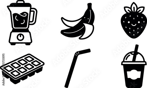 Minimal flat design smoothie ingredients icons set blender banana strawberry ice tray straw cup close up simple black silhouettes vector