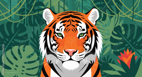 Close up of a majestic tiger's face with green eyes and orange and black stripes, set against a lush jungle background with hanging vines and tropical plants, evoking a sense of wild nature and power