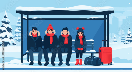 People waiting at a bus stop in winter with snow and a suitcase, illustrating a cold journey