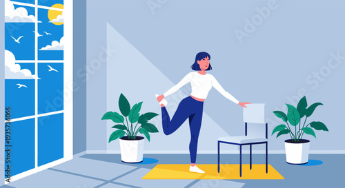 Young woman doing a quad stretch in a sunlit room with plants, fitness concept