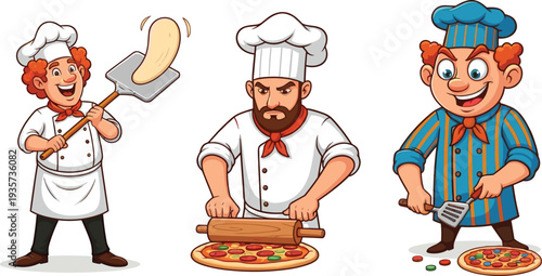 Funny cartoon chefs preparing delicious pizza, professional cooks in uniform making dough, rolling pastry, adding toppings, smiling kitchen restaurant illustration