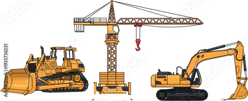 Construction machinery set including bulldozer, tower crane and excavator in flat vector style isolated on background, heavy equipment illustration for building and engineering industry