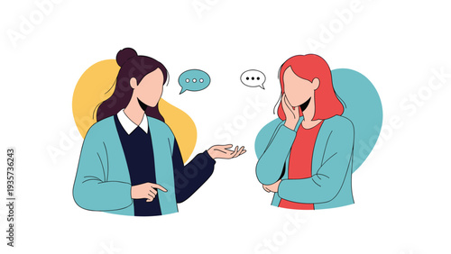 Two young professional women having a serious conversation and exchanging ideas represented by speech bubbles in a stylish modern setting.
