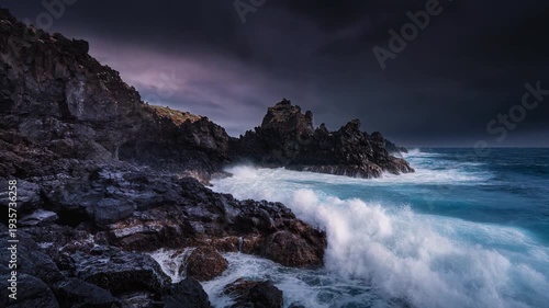 Ocean Storm with Powerful Lightning Striking over a Rugged Coastline