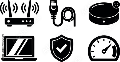 Flat design close up row of network device icons showing router ethernet cable laptop shield speedometer modem antenna speaker set