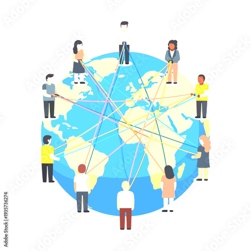 Global communication network with diverse people connected worldwide. International business, social networking, and community concept.