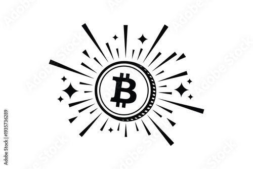 Bitcoin Coin Silhouette with Radiating Light Burst - Cryptocurrency Bitcoin Symbol in Black and White Design