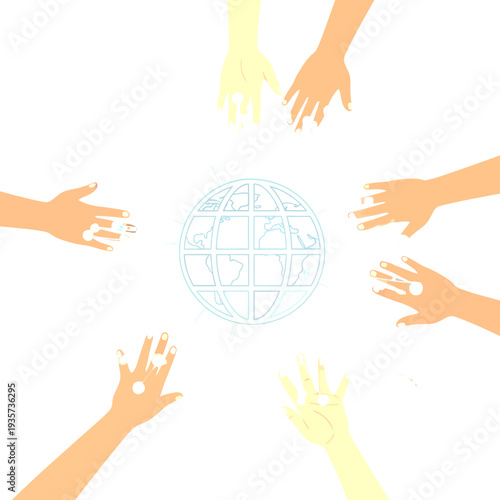 Diverse hands reaching towards a global earth illustration, symbolizing unity, cooperation, and community support worldwide.