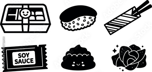 Flat vector sushi bento box with smiling wrap rice ball soy sauce packet chopsticks and floral garnish in minimal style