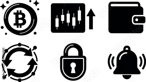 Flat icon set showing bitcoin coin candlestick chart wallet padlock sync arrows and ringing bell simple black vector collection minimal
