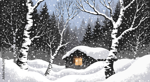 Cozy winter cabin nestled in a snow-covered forest with gentle snowfall