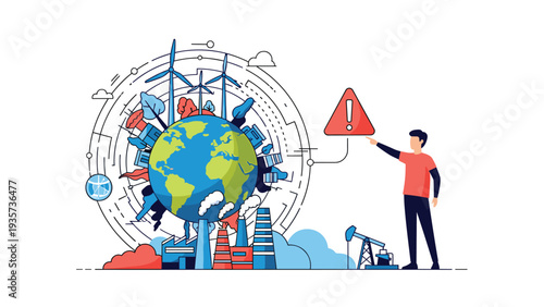 Environmental activist pointing to a hazard warning sign near a polluted globe representing the urgent need for climate change action and protection.