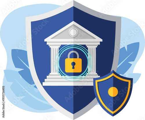 Secure Banking Shield: A stylized illustration featuring a bank secured by a shield, symbolizing the protection of financial assets and the importance of security. 