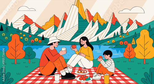 Family enjoying a vibrant picnic amidst stunning mountain scenery with a serene lake and autumn trees, embodying a joyful lifestyle