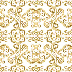 Rideaux Noir et or patrons Golden Damask Pattern on White Background  © Elif