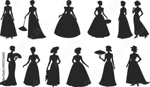 Victorian era women silhouettes collection featuring elegant vintage dresses, fans, parasols and hats, classic 19th century fashion lady silhouette set isolated black vector