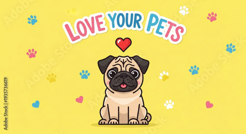 Cute pug dog with heart and paw prints on yellow background love your pets text