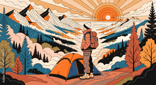 Vibrant Flat Illustration of a Hiker with Tent and Mountains Under a Sunrise