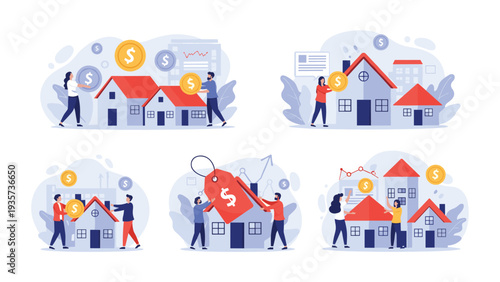 Collection of real estate illustrations showing people buying and selling houses with gold coins and price tags representing property market value.