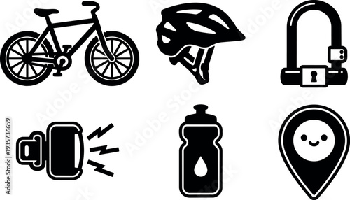 Flat design cycling gear icon set showing bicycle helmet lock front light water bottle smiling map pin in bold monochrome