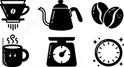 Flat design coffee brewing icon set close up kettle pour over dripper steaming mug coffee beans kitchen scale timer minimal