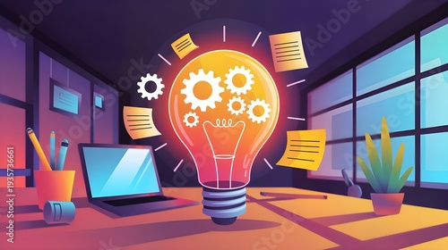 Creative workspace with glowing lightbulb and gears illustration, concept of innovation, brainstorming, and business idea development in modern office setting