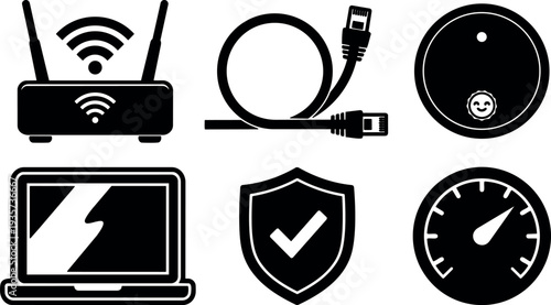 Flat vector technology icons router ethernet cable smart thermostat laptop security shield speedometer set for network diagnostics high scalable monochrome