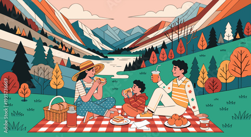 Family picnic in the mountains, enjoying a beautiful scenic landscape with trees and a lake, a perfect summer day outing