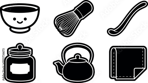 Minimalist flat design japanese tea tools icon set bowl whisk scoop jar teapot cloth black and white vector silhouette studio