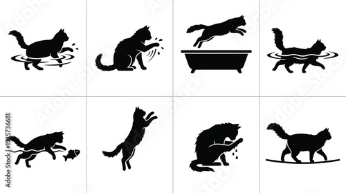 Playful black silhouette cats engaging in various water activities and playful stunts