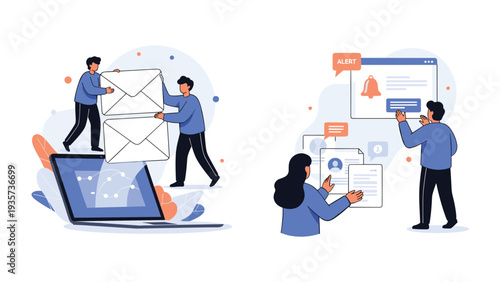 Digital marketing and communication concepts showing people managing email messages and alert notifications on a modern laptop computer interface.