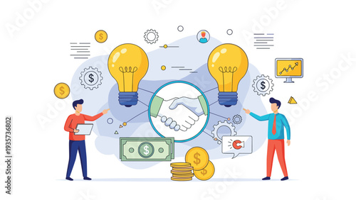 Two business professionals shaking hands in agreement between two bright lightbulbs representing a successful partnership and collaborative innovation.