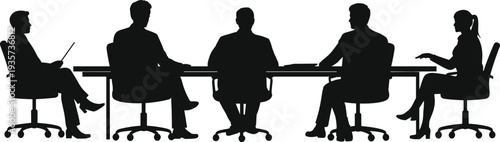 Corporate team meeting silhouette at office conference table, business discussion teamwork planning strategy leadership, professional workplace collaboration concept illustration