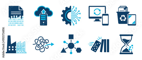 Digital transformation and data processing icon set. Featuring cloud server, binary code, sync, and industrial technology. Flat duotone vector pictograms for automation.