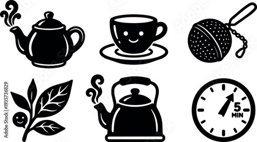 Flat design smiling cup and teapot set with kettle tea leaves infuser and five minute timer black tea icons vector