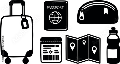 Flat travel icon set showing rolling suitcase passport boarding pass map and water bottle bold silhouette toiletry pouch luggage tag