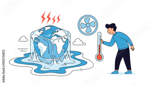 Scientific illustration of global warming where the earth is trapped in a melting ice cube while a scientist monitors the rising temperature.