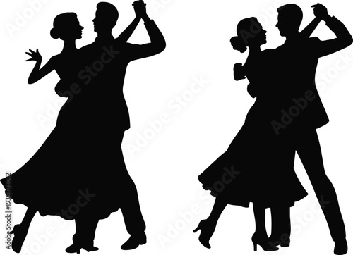 Elegant ballroom dance silhouettes, graceful couples dancing, formal attire, waltz and tango poses, romantic movement, synchronized performance, artistic dance illustration