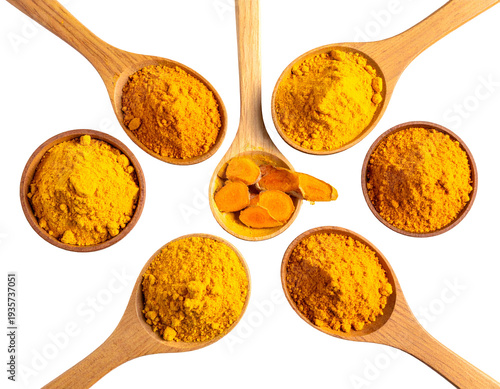 Arrangement of wooden spoons and bowls holding golden-yellow turmeric powder, with fresh root pieces central