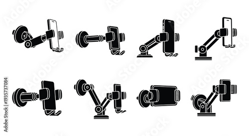 Collection of robotic arms in various poses monochrome illustration