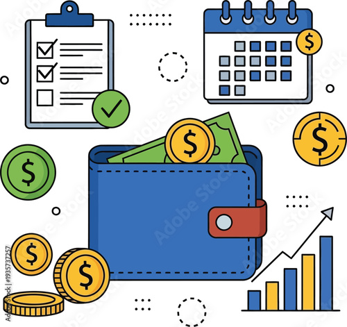 Budgeting and Financial Planning: A meticulously crafted illustration highlighting key elements of personal finance management, including a wallet, coins, bills, a checklist, and a calendar.