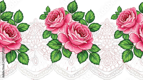 Pink Roses on White Lace Fabric