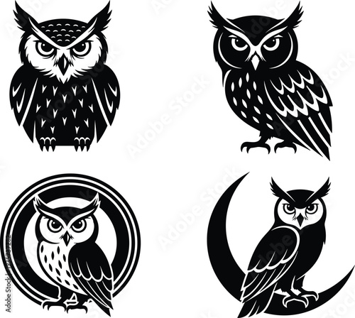 Owl silhouette vector set, nocturnal bird mascot collection with detailed feather patterns, wildlife predator logo icons isolated, night owl illustration for tattoo design