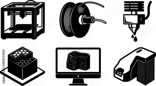 Flat design set of 3d printing icons including printer filament spool nozzle resin drops honeycomb support plate and desktop monitor