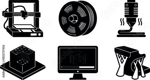 Flat design close up three dimensional printer and filament spool icons showing nozzle extrusion print bed computer monitor and resin vat